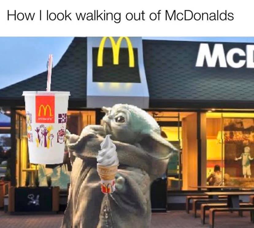 This meme is a play on the popular phrase "I see dead people" from the movie "The Sixth Sense". The image shows a character from the Star Wars franchise, Yoda, walking out of a McDonald's restaurant with a large drink and a McFlurry in hand. The caption "I see dead fries" is a pun on the original phrase, referencing the idea that Yoda is seeing a sign or advertisement for a specific type of food that is no longer available, in this case, a type of fry that is no longer on the menu.
